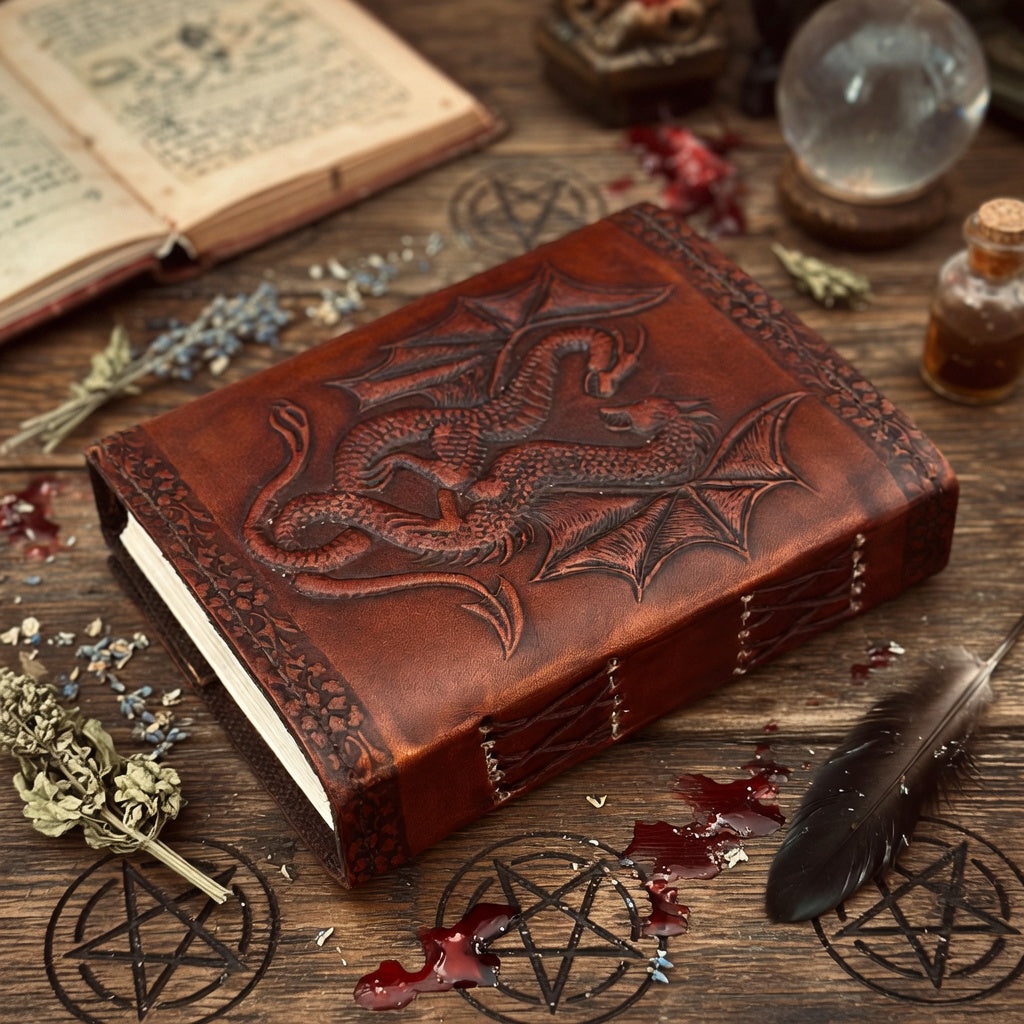 Leather journal with dragon embossing on a wooden surface with mystical items.
