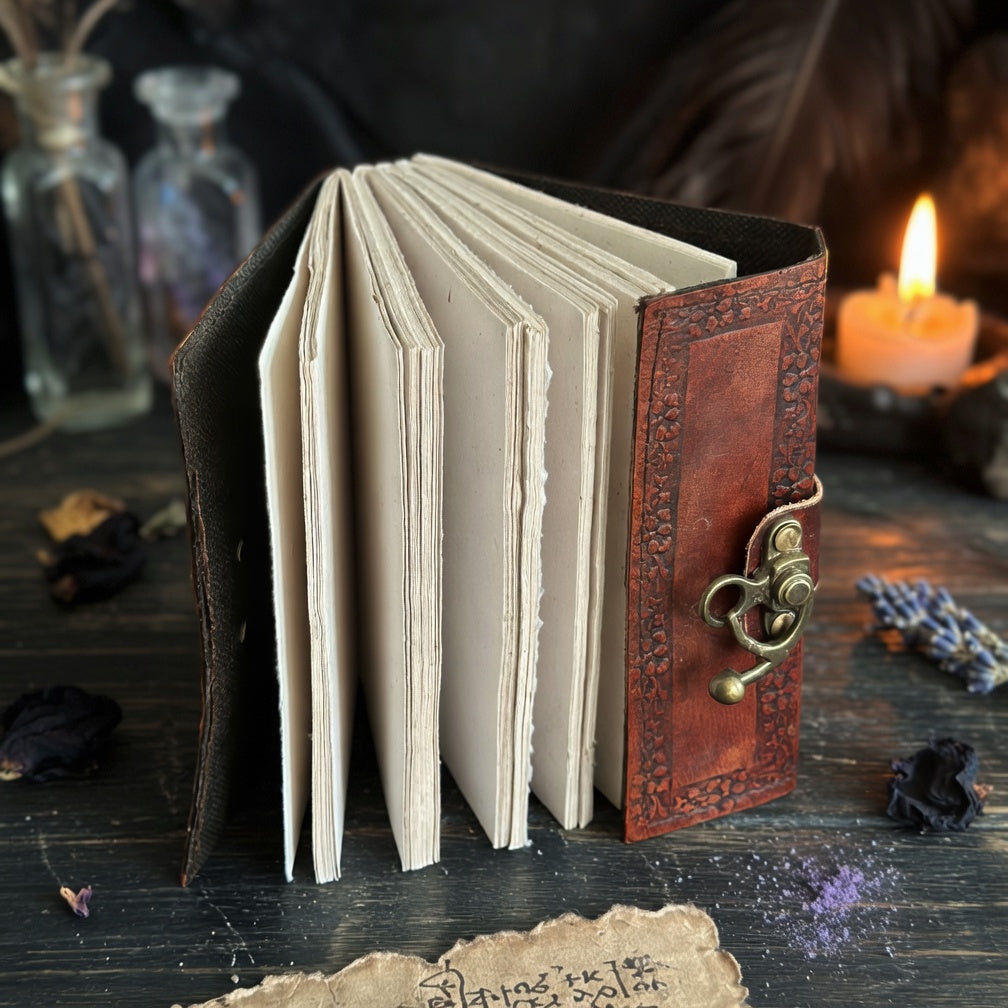 leather-bound book of shadows with open pages on a dark surface with candles and bottles in the background