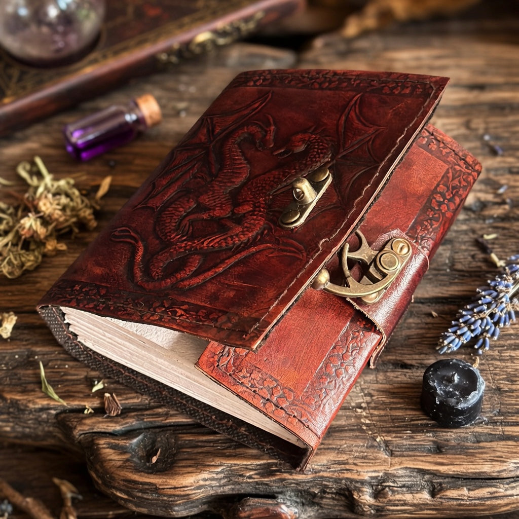 Decorative leather journal with embossed dragon design on a wooden surface with herbs and a candle.