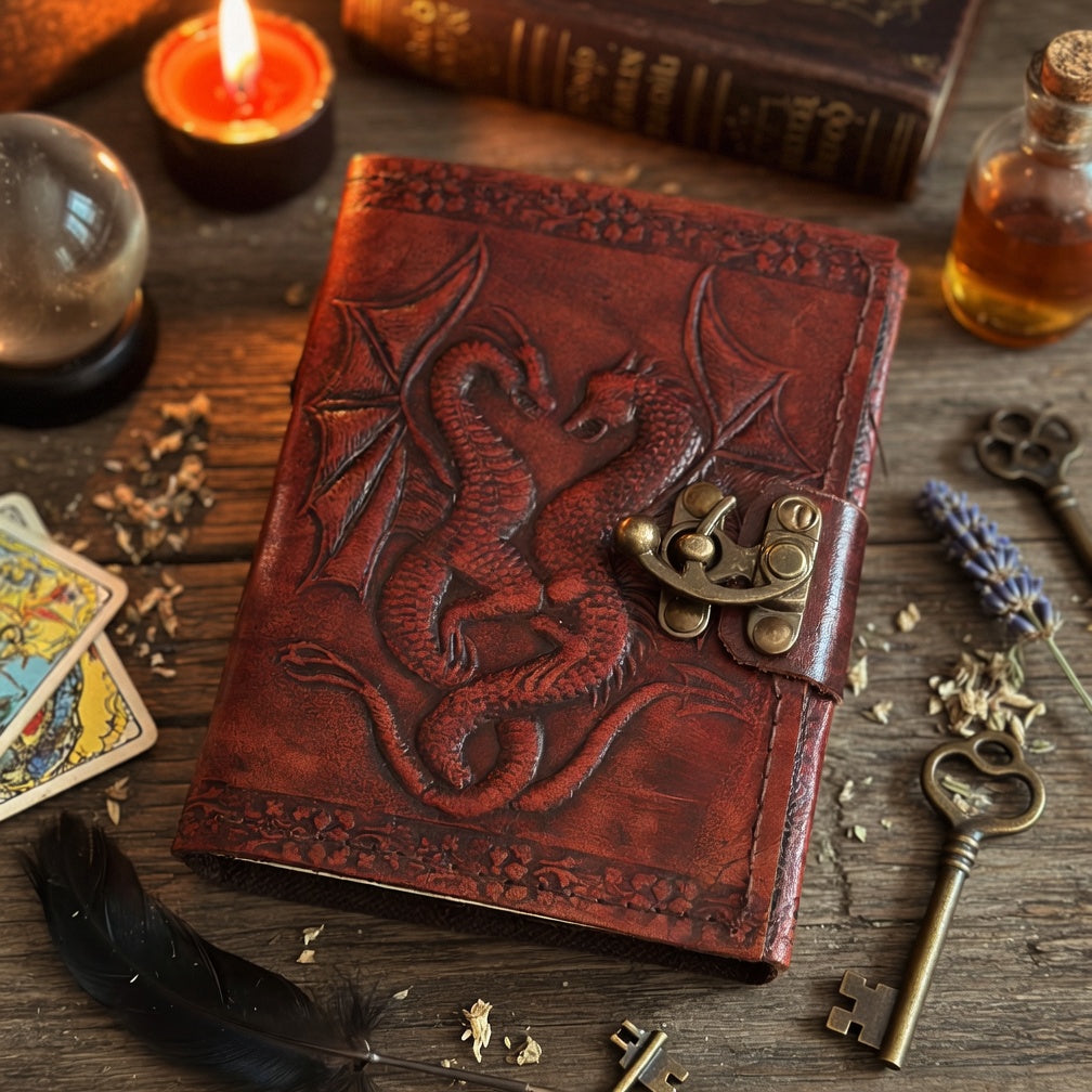 Brown leather journal with dragon embossing on a mystical table setting with candles, cards, and keys.