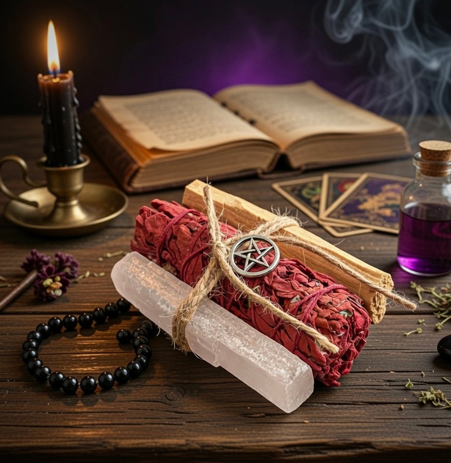 Cleansing bundle with dragon's blood smudge stick, selenite and palo santo, with pentagram symbol on a wooden surface with occult items.