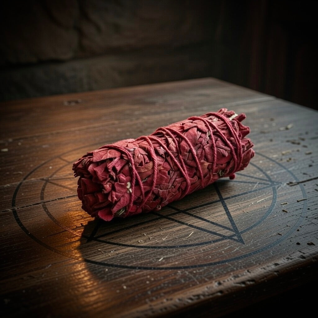 Dragons blood smudge stick on a wooden surface with an occult symbol
