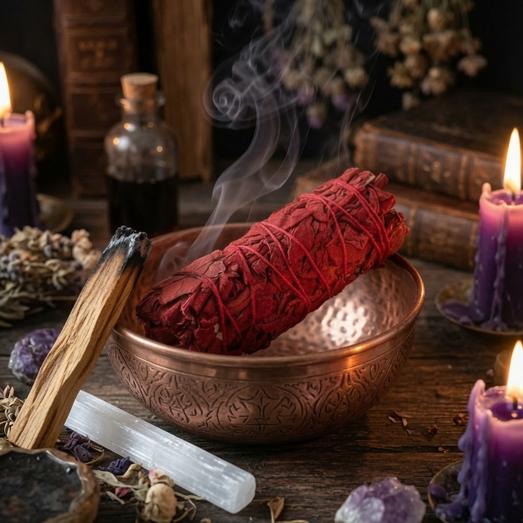 Dragon's blood smudge stick in a copper bowl with palo santo and selenite,  surrounded by candles and crystals on a wooden surface.