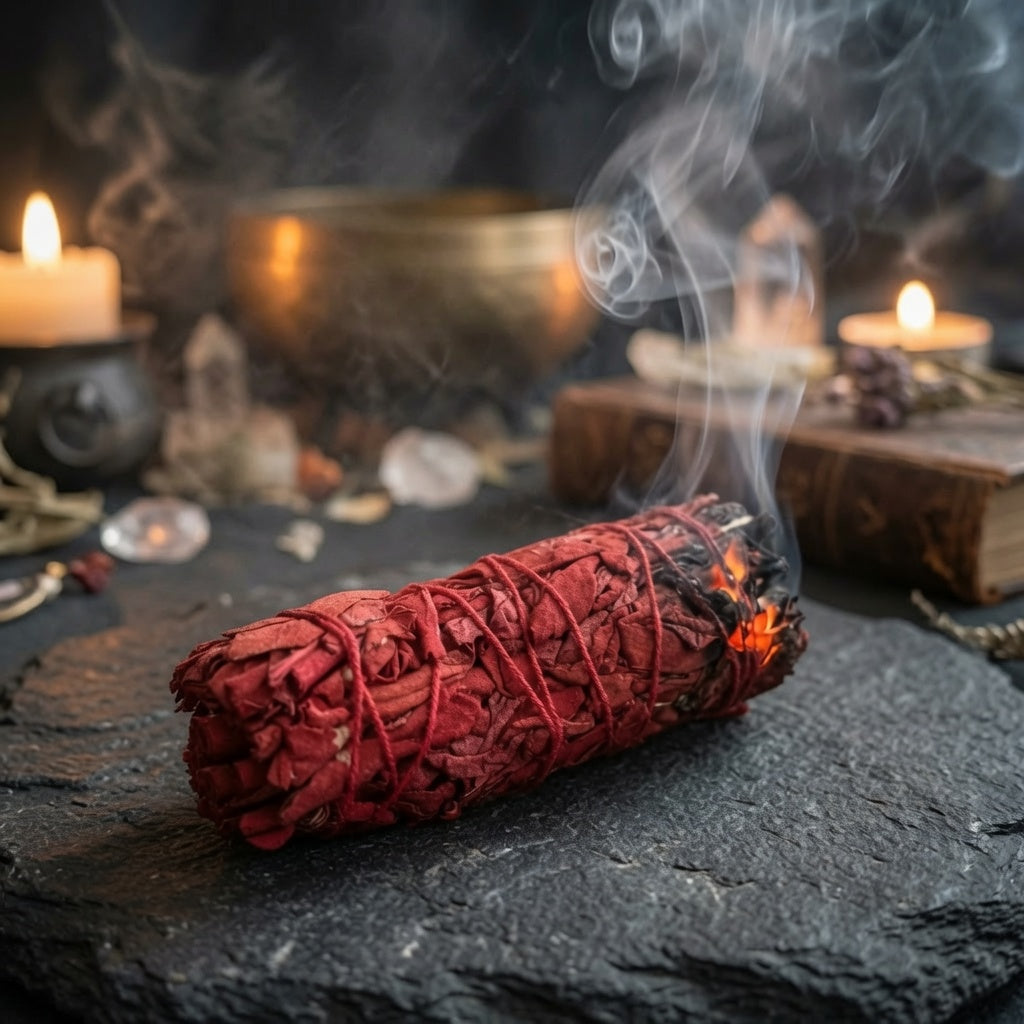 Dragon's blood smudge stick burning on a dark surface with candles and other items in the background