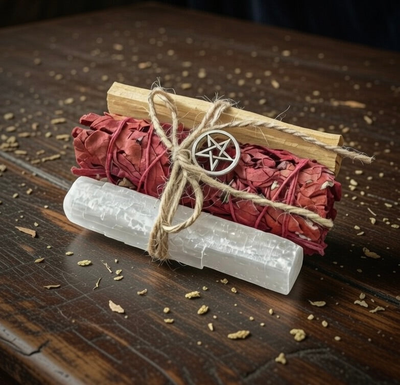 Cleansing bundle with dragon's blood smudge stick, selenite and palo santo, with pentagram symbol on a wooden surface.