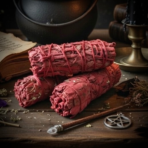 Dragons blood smudge sticks on a wooden surface with a pentagram symbol and other sorcery items.