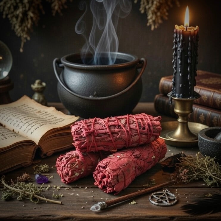 Dragons blood smudge sticks on a wooden surface with a pentagram symbol and other occult items.