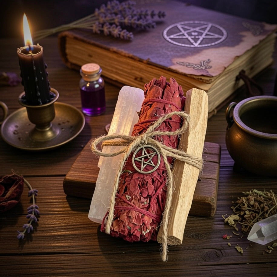 Cleansing bundle with dragon's blood smudge stick, selenite and palo santo, with pentagram symbol on a wooden surface with witchcraft items.