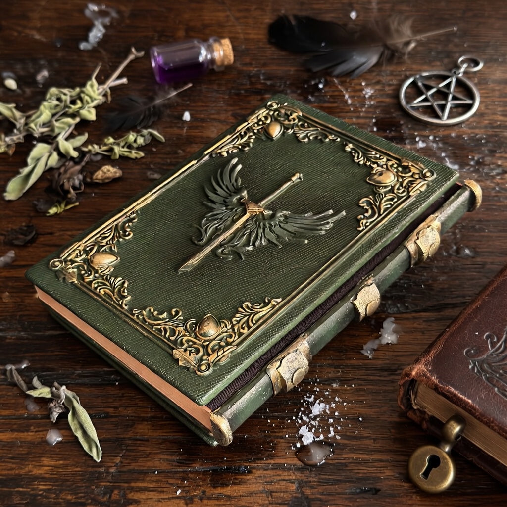 Decorative green book with gold embellishments on a wooden surface with herbs and a pentacle.