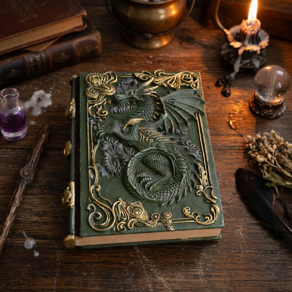 Decorative resinbook with dragon embossment on a wooden surface with candles and books.