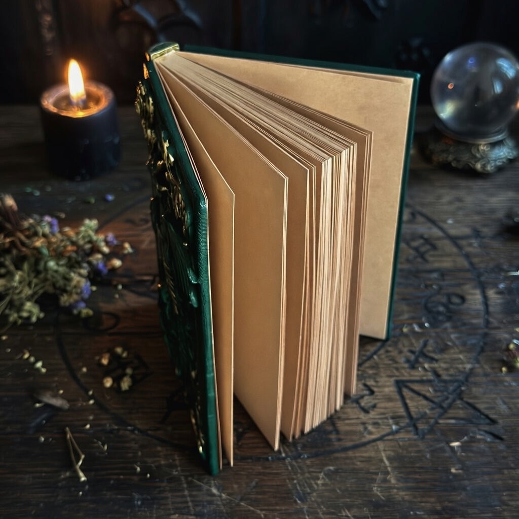 Open book with green resin binding on a dark surface with candles and crystals