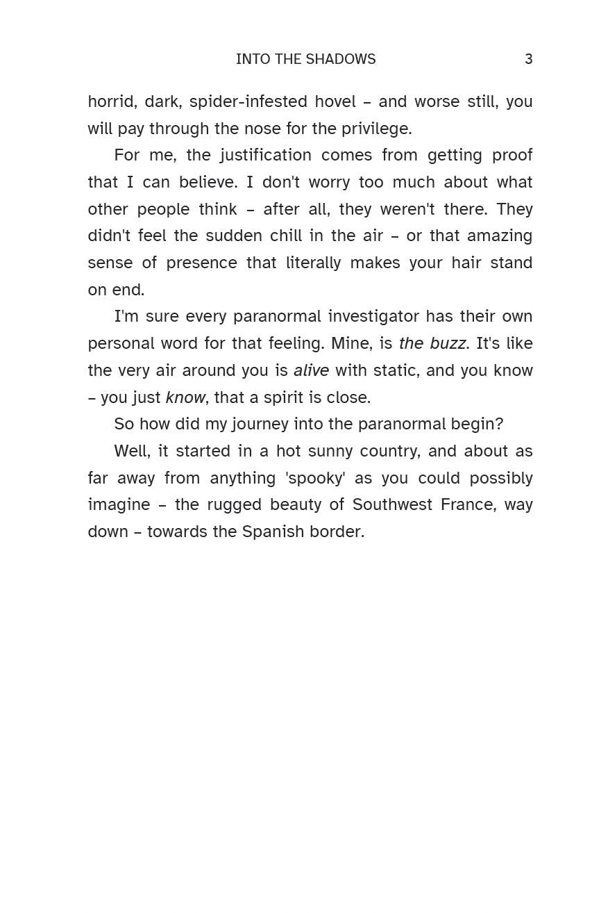 Page three of the prologue, Text on a white background with the title 'Into the Shadows' at the top.