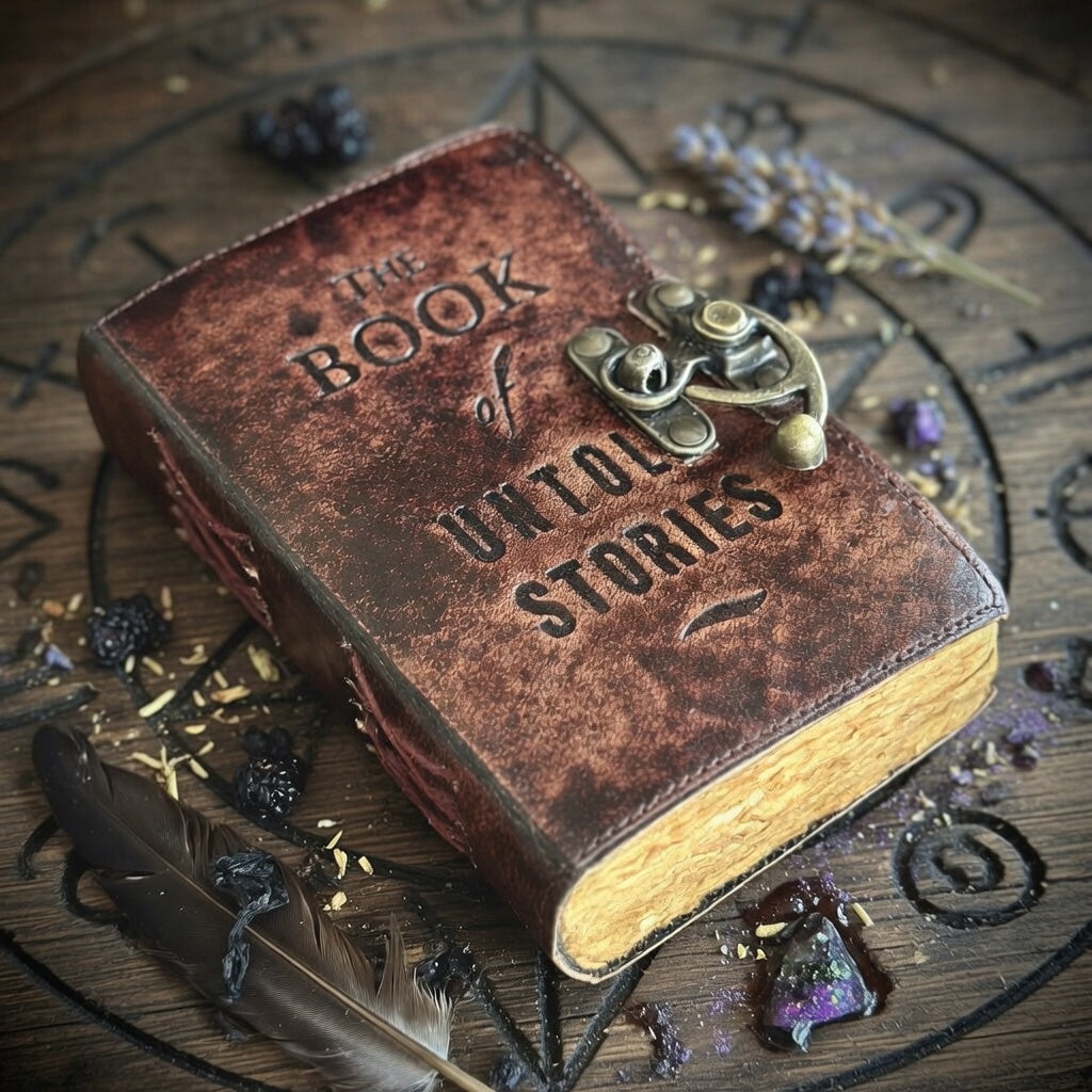 Leather-bound book titled 'The Book of Untold Stories' on an occult carved wooden surface with mystical items.