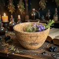 Wooden altar bowl with herbs and flowers on a mystical table with candles and books.