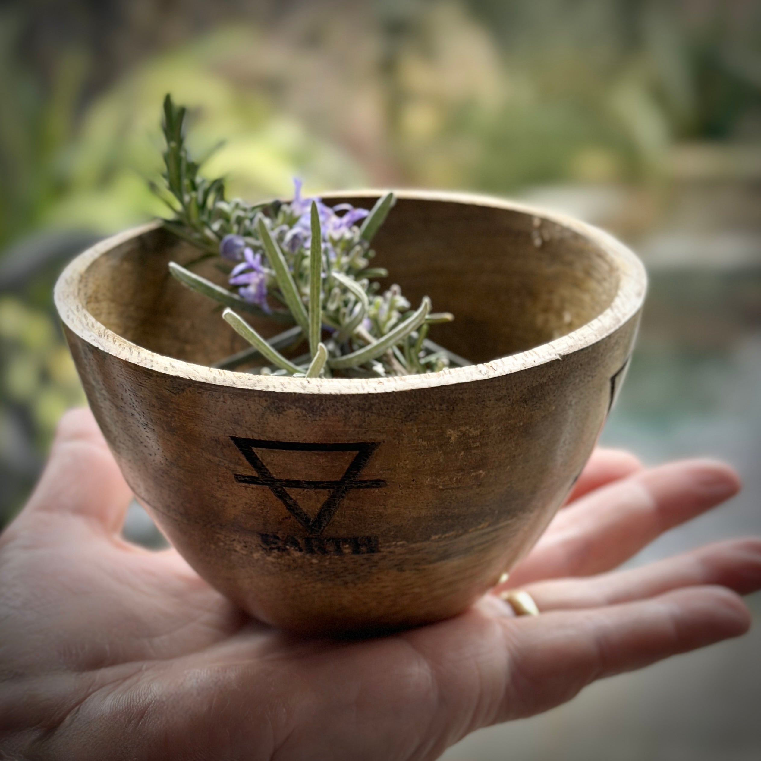 Four elements wooden bowl with herbs held in a hand, blurred natural background