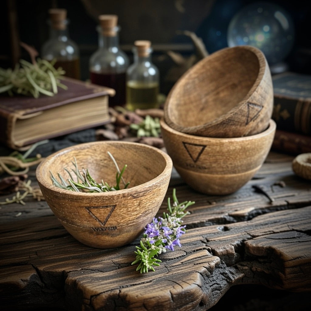 Wooden offering bowls with herbs on a rustic wooden surface with bottles and books in the background