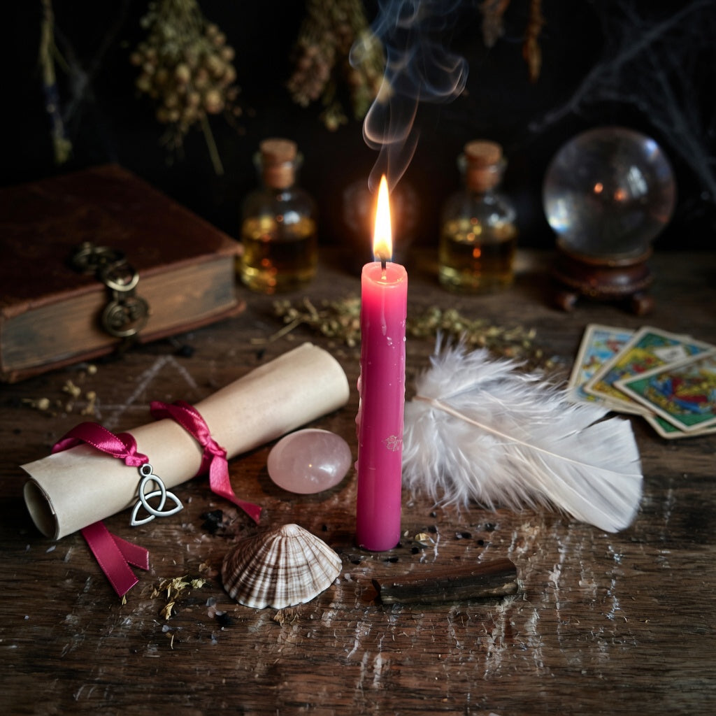 Friendship spell casting. Pink candle burning on a wooden surface with tarot cards, bottles, and other sorcery items.