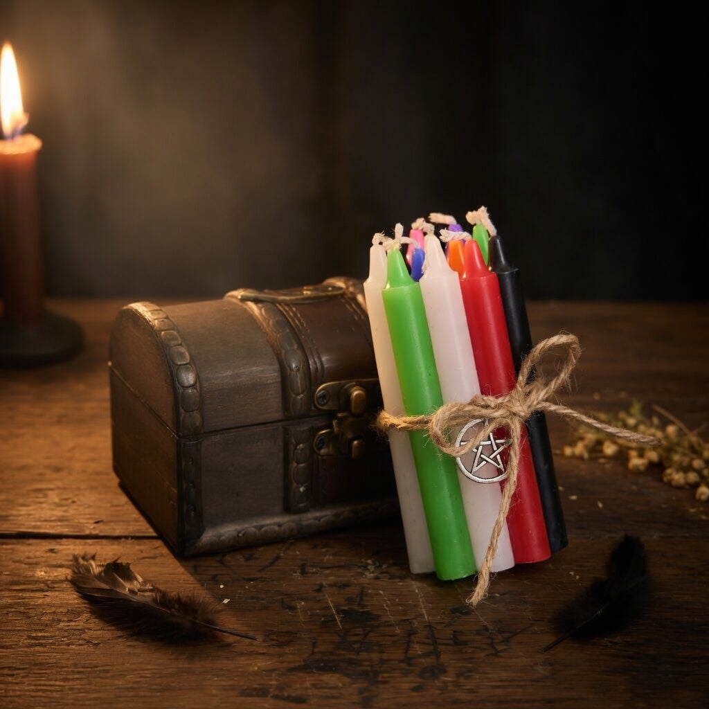 Wooden box with a bundle of twelve coloured spell candles, on a wooden surface with herbs and a lit candle