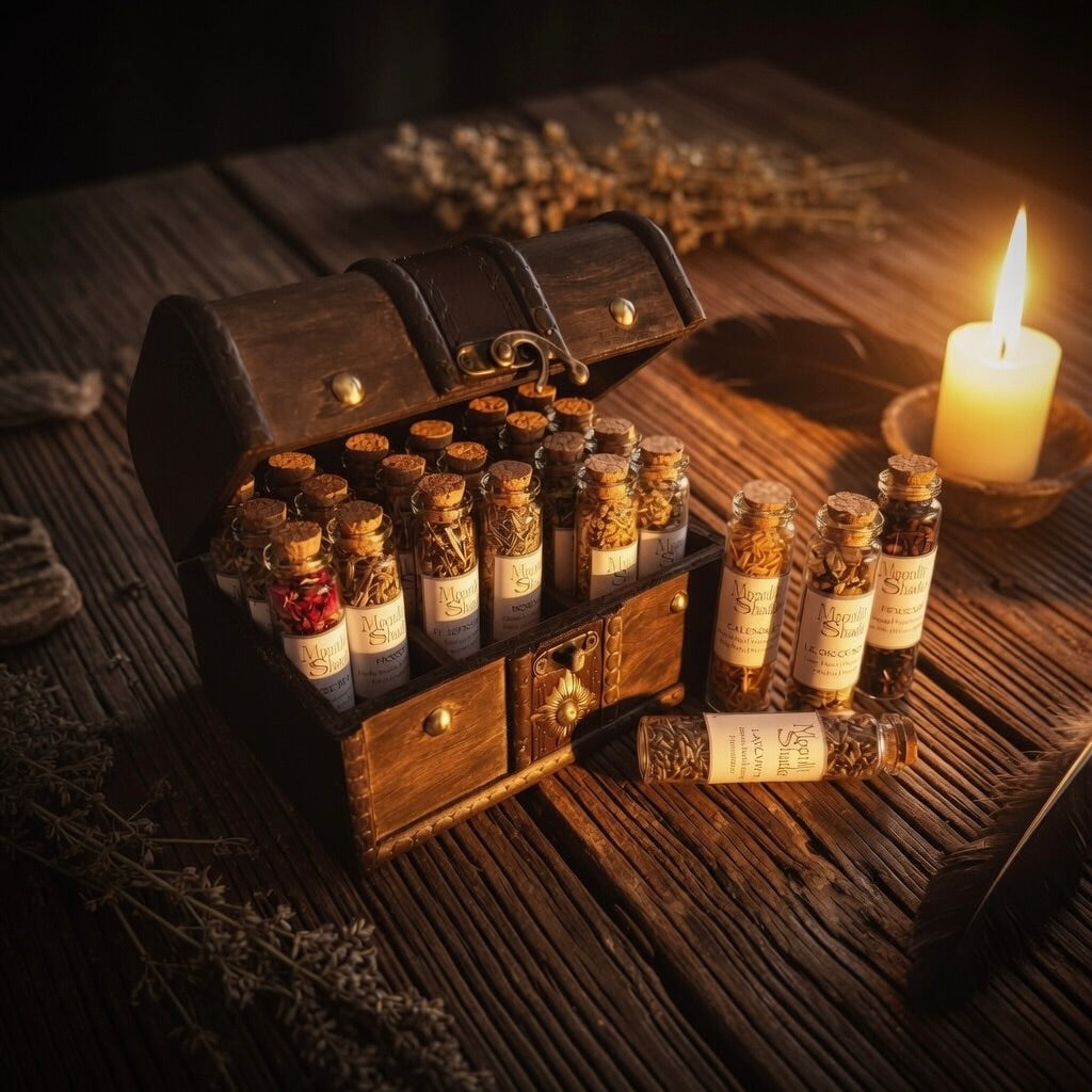 Candle lit wooden chest with bottles of herbs and a book on a wooden surface.