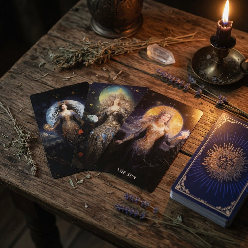 Goddess arcana tarot cards on a wooden table with candles and herbs