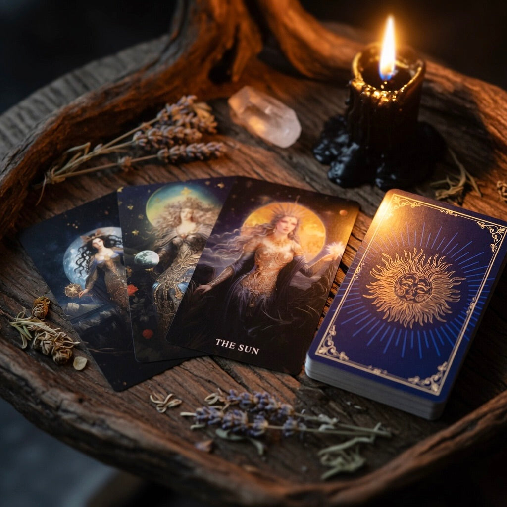 Goddess arcana tarot cards on a wooden table with a lit candle and crystals