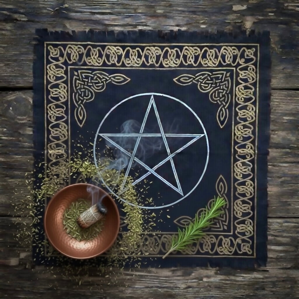 Black and gold altar cloth on a wooden surface with copper smudge bowl, herbs and a lit smudge stick