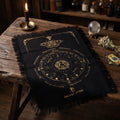 Gold on black mystic moth pendulum divination cloth on a wooden table with candle