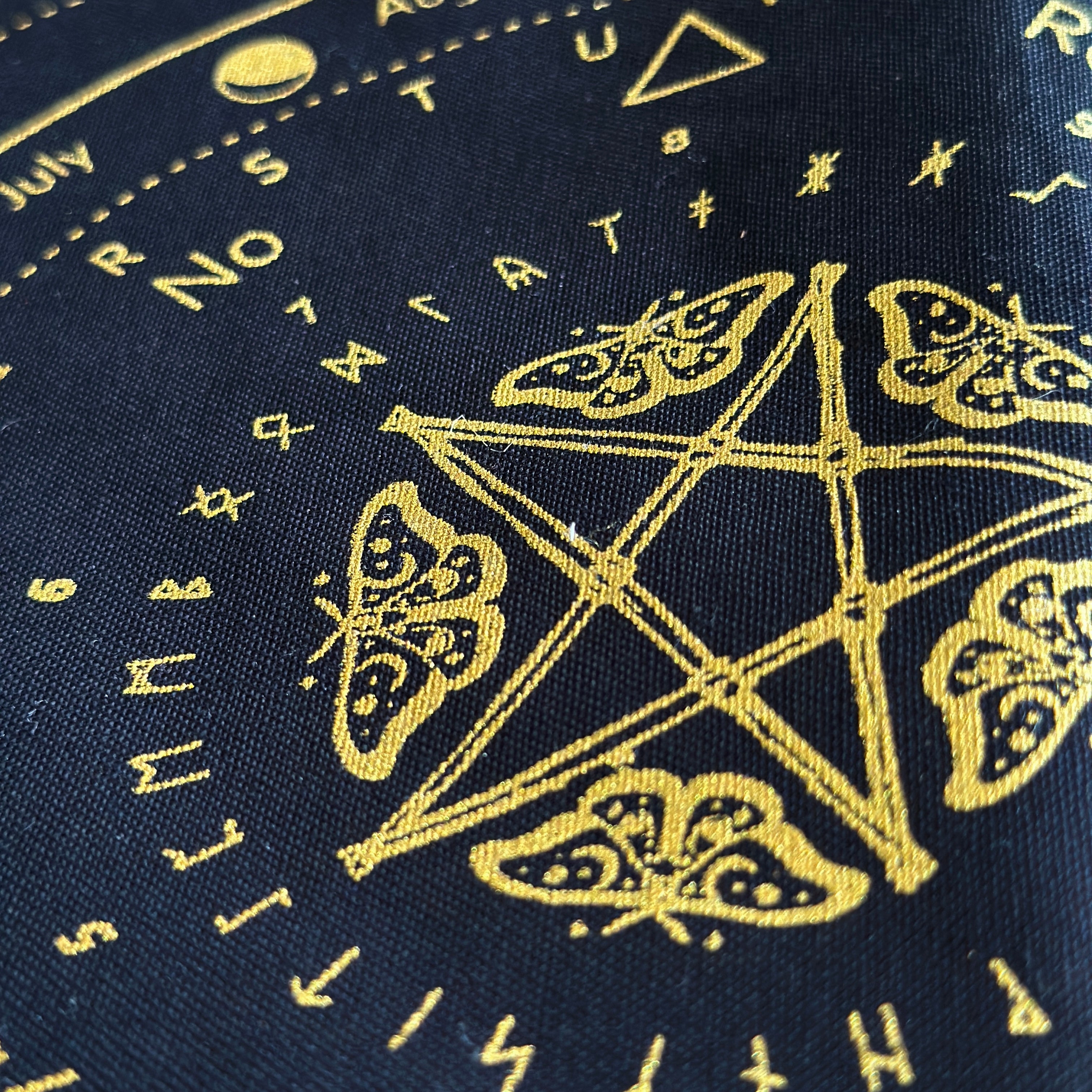 Mystic Moth pendulum divination cloth details including pentagram and moths