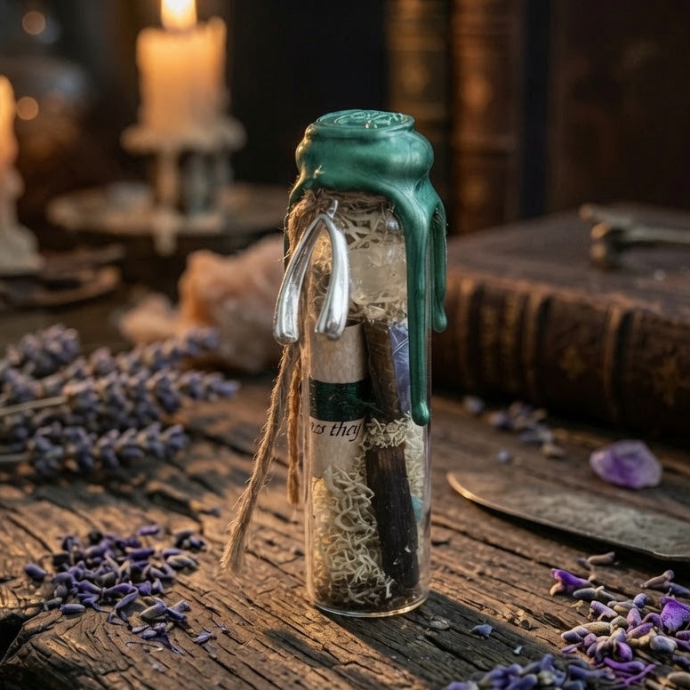 Wax sealed good luck charm bottle with wishbone charm, on a wooden surface with candles and lavender flowers
