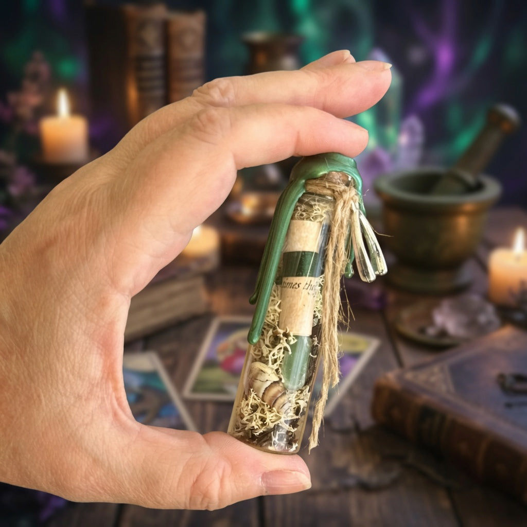 Hand holding a small glass good luck charm bottle, against a mystical background with candles and books. 