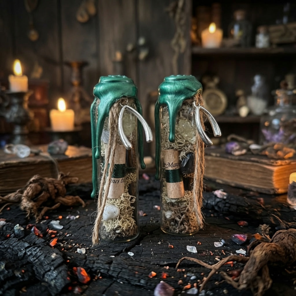 Two good luck charm bottles with green wax seal, on a dark, mystical background with candles and books.