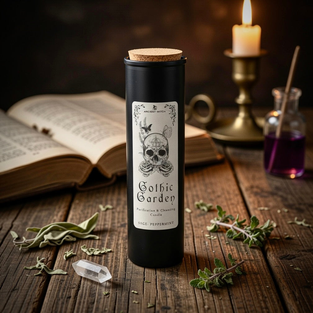 Gothic Garden candle in a black container on a wooden surface with herbs and an open book.