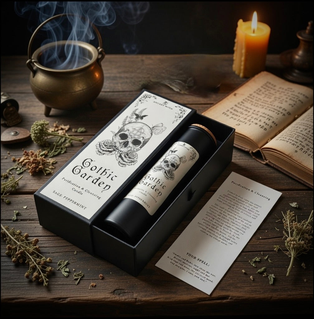 Gothic Garden candle and packaging with a skull design on a wooden surface with occult items behind.