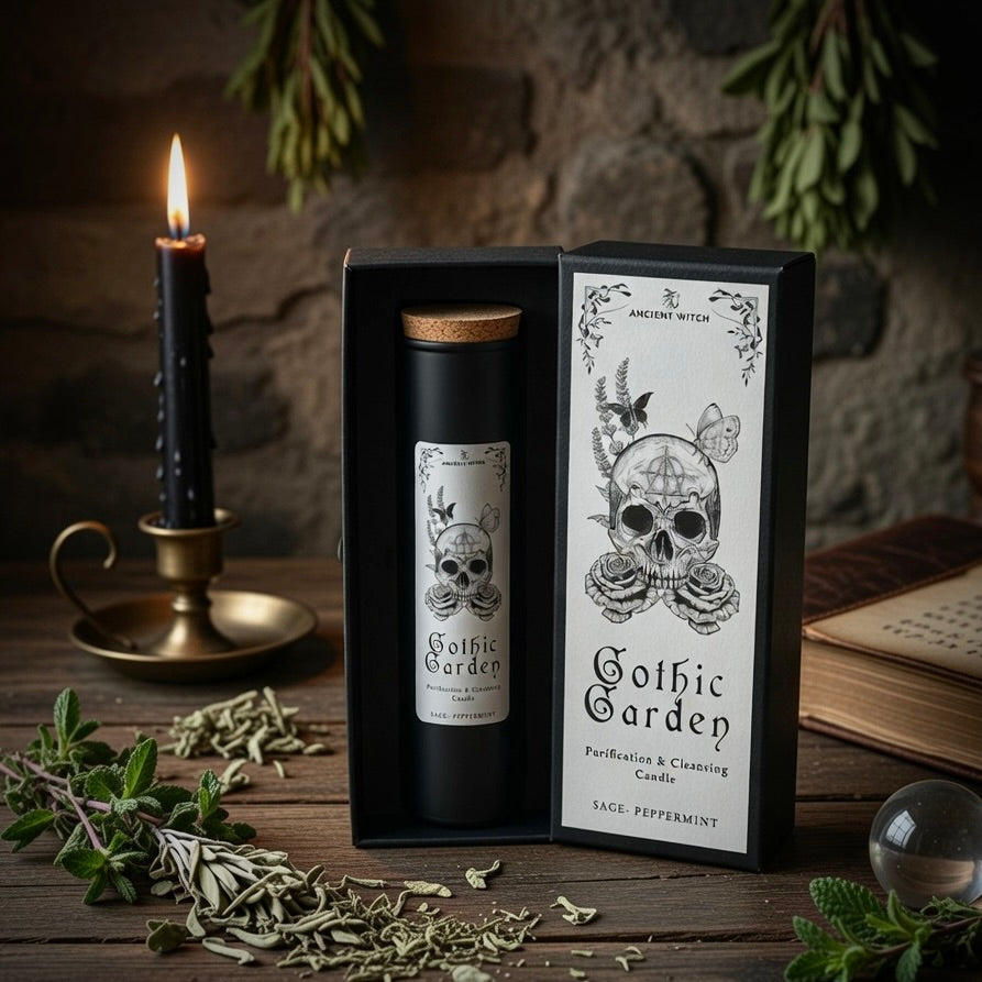 Gothic Garden candle and packaging with a skull design on a wooden surface with herbs and a candle.