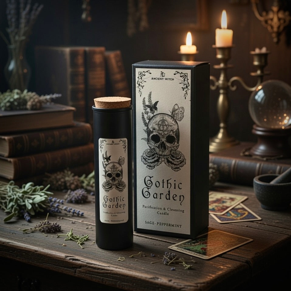 Gothic Garden candle and packaging on a wooden table with candles and books in the background