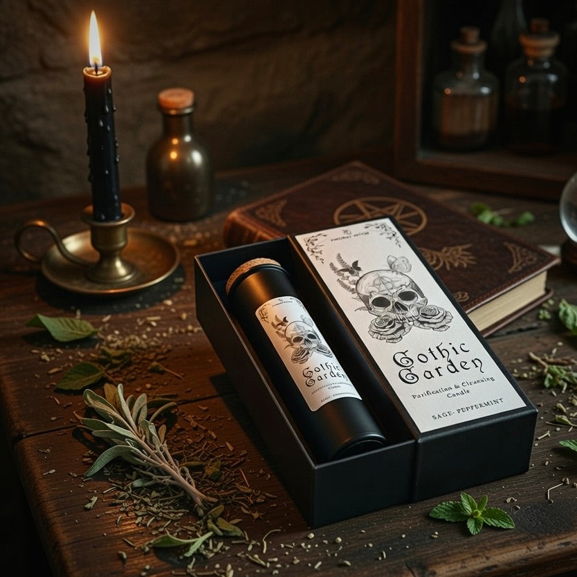 Gothic Garden candle and packaging with a skull design, on a wooden surface with herbs and a candle.