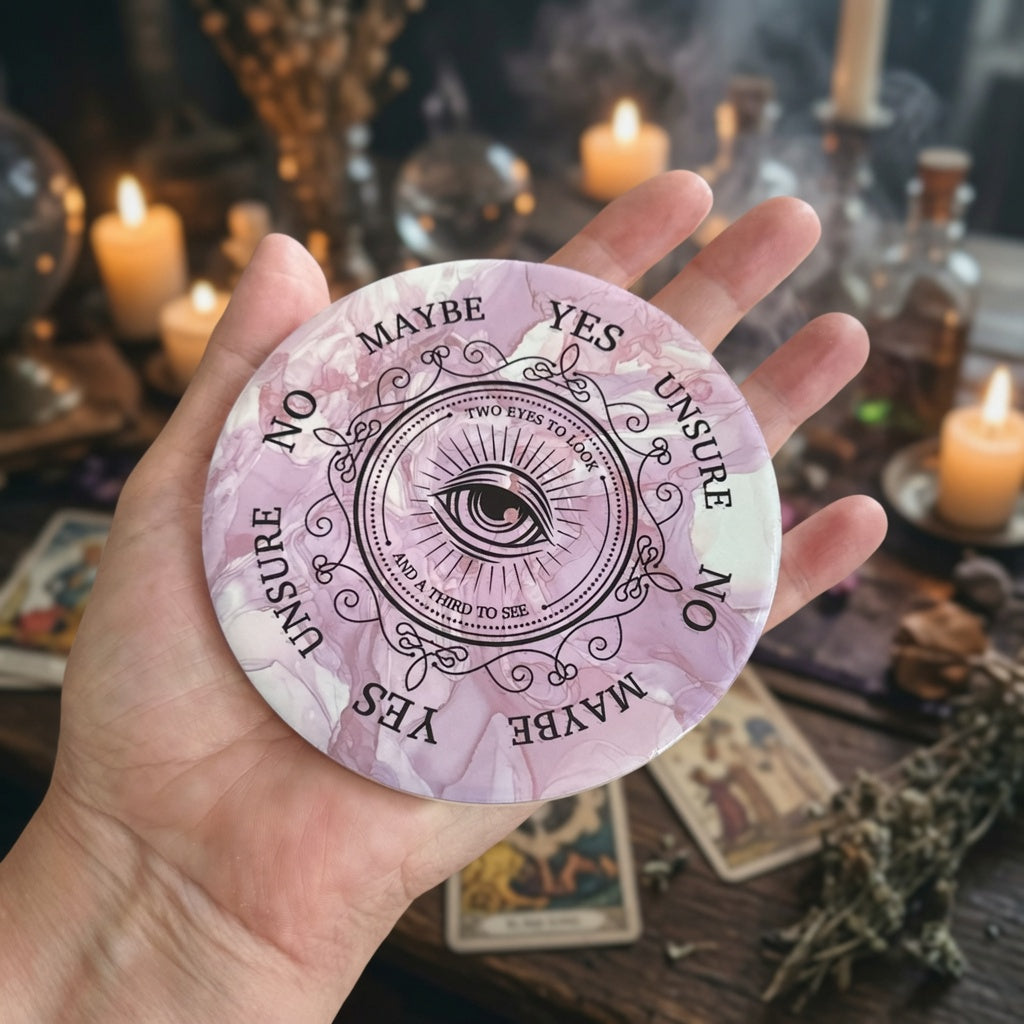 Hand holding a ceramic all seeing eye pendulum board, in a mystical setting with candles and tarot cards.