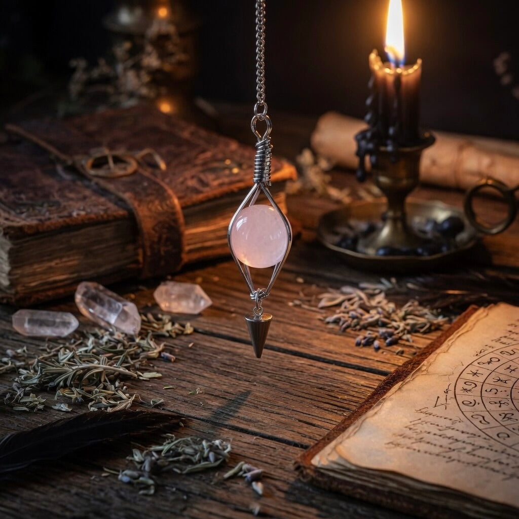 Rose quartz pendulum hanging over a wooden surface with books, candles, and herbs