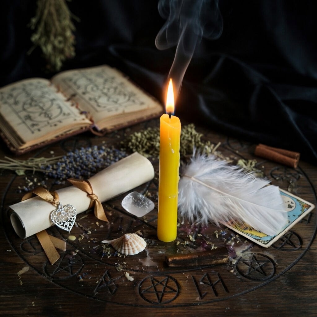Happiness spell casting. Candle burning on a dark surface with occult markings, books, cards, and other mystical items.