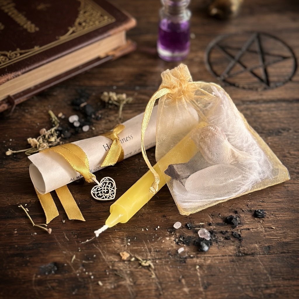 Happiness spell kit on a wooden surface with witchcraft markings. Includes a scroll, yellow ribbon, and small bag.