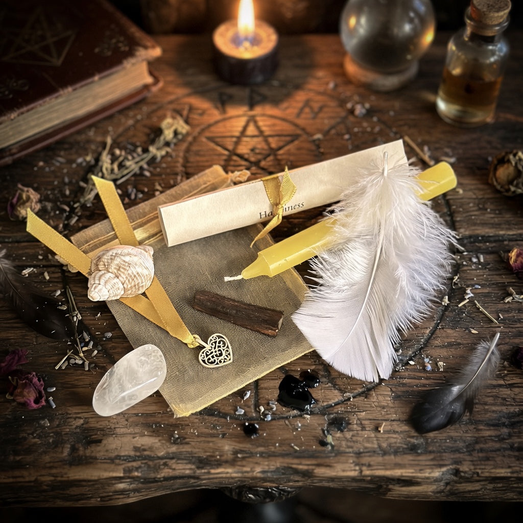 Happiness spell kit including a feather, candles, and books on a wooden surface with sorcery symbols.
