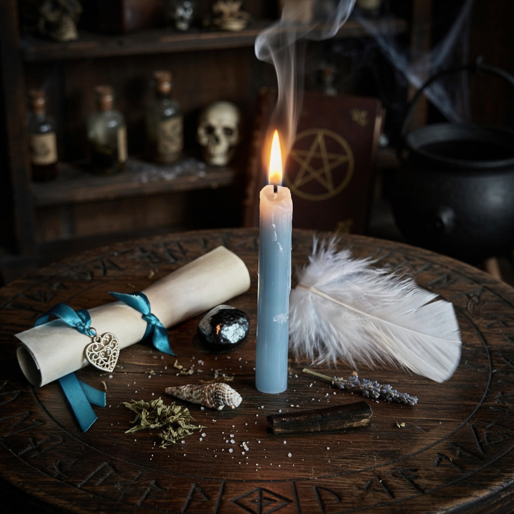 Healing spell casting. Sorcery with lit candle, feather and scroll on carved wooden surface