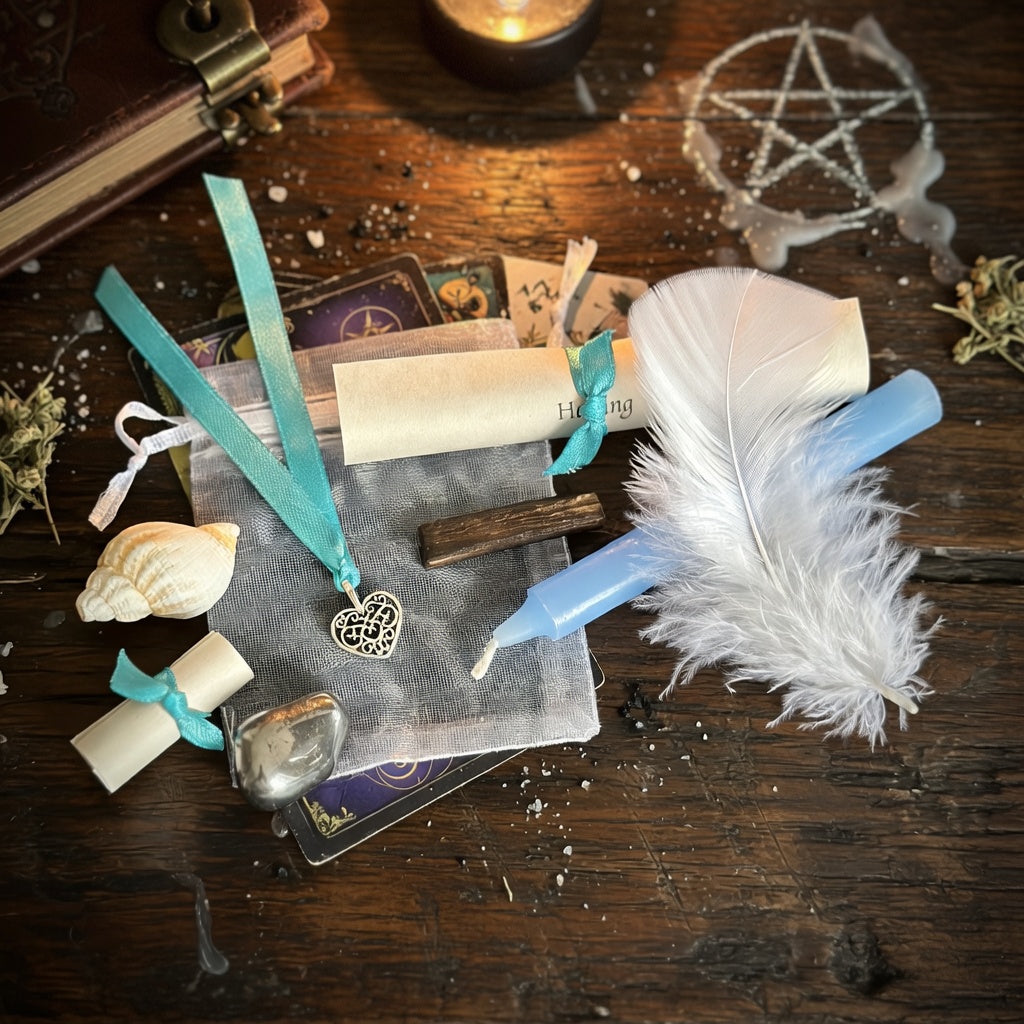 Healing spell kit content, with scroll, feather and candle on rustic wooden surface with occult chalk symbol
