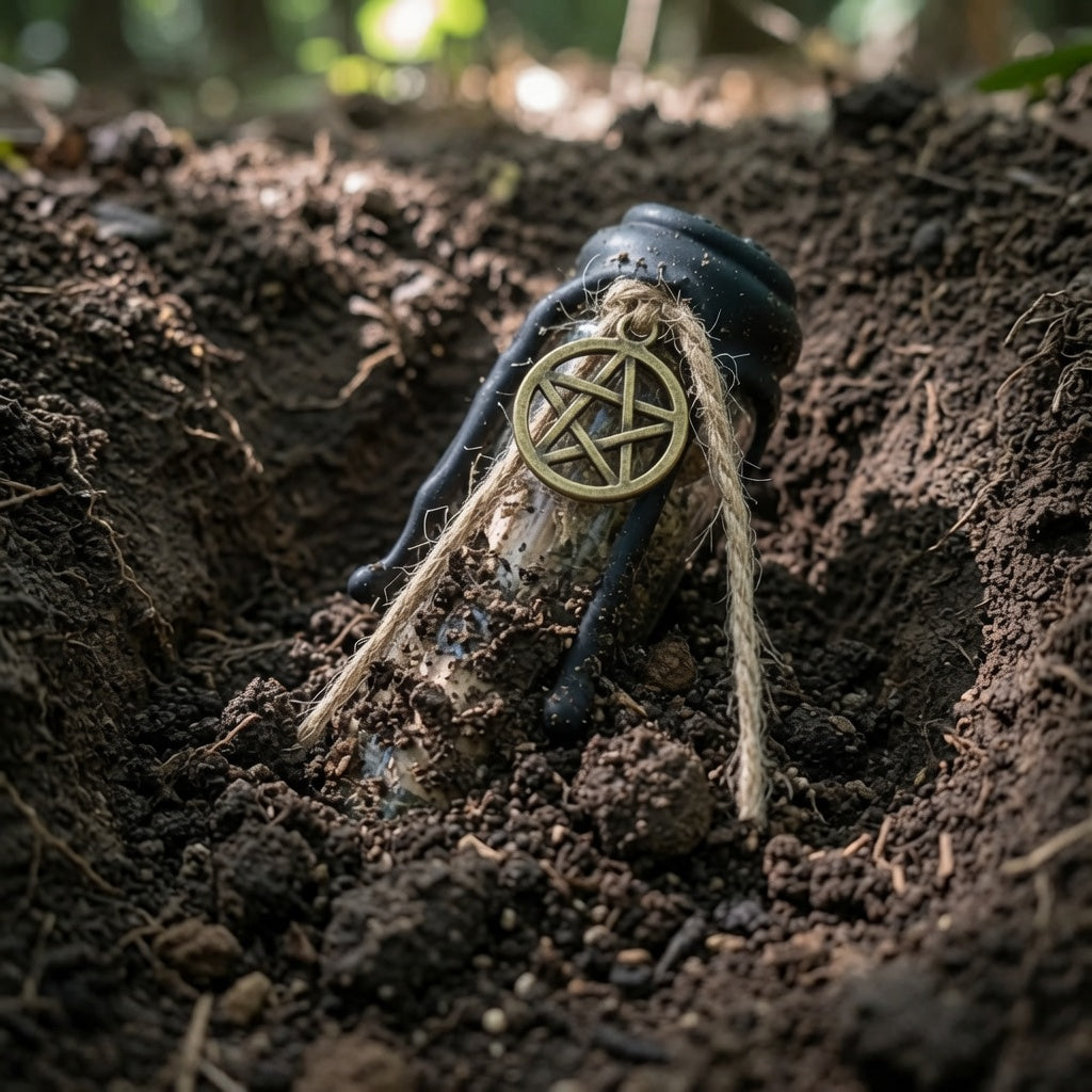 House blessing charm bottle, being buried in he garden by the property entrance
