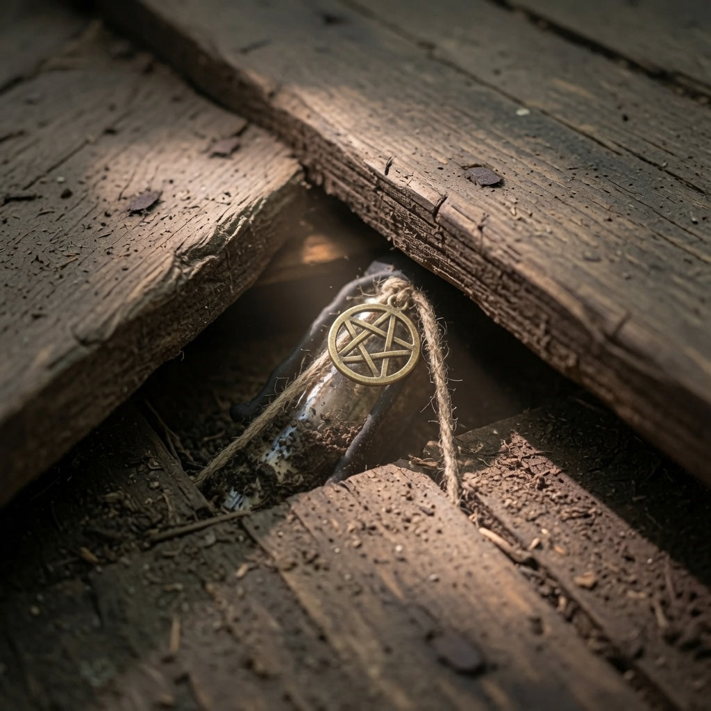House blessing charm bottle, hidden away under dusty floorboards to protect the property