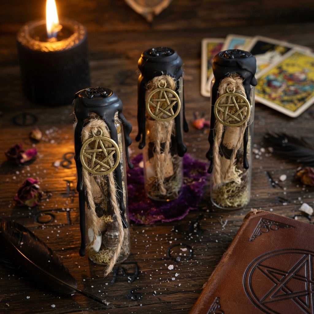 House blessing charm bottle, sealed with wax and a pentagram symbol, on a carved wooden surface with a book and candles in the background