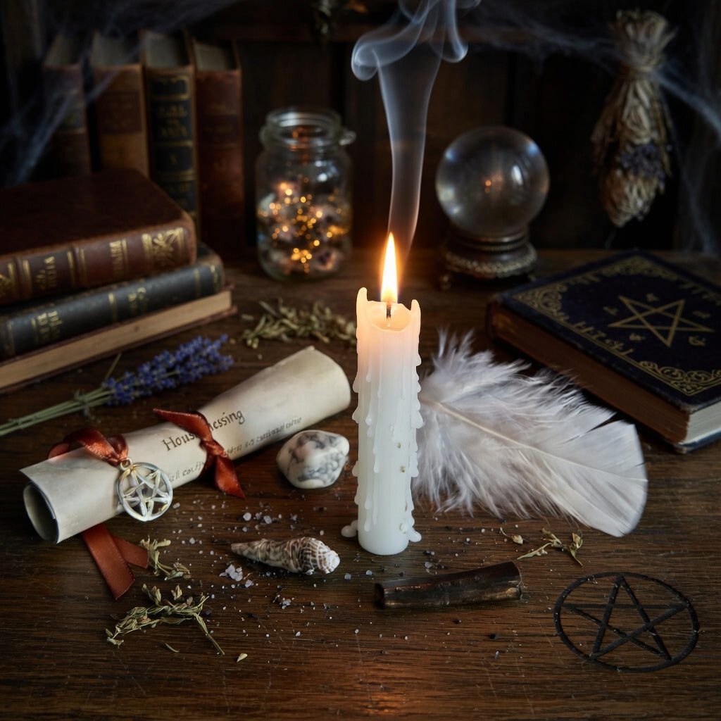 House Blessing spell casting, candle with smoke, books, and other mystical items on a wooden surface