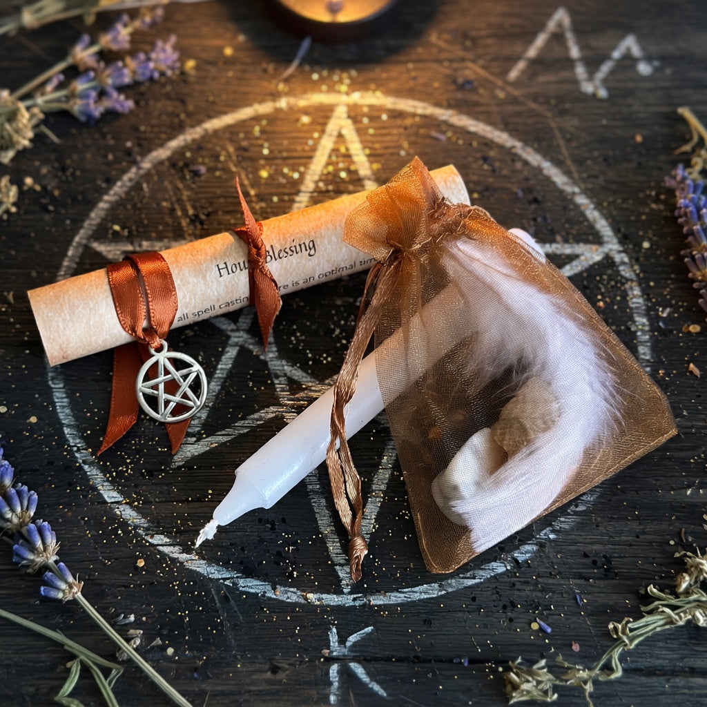 House blessing spell kit on a chalked pentagram occult symbol, with herbs