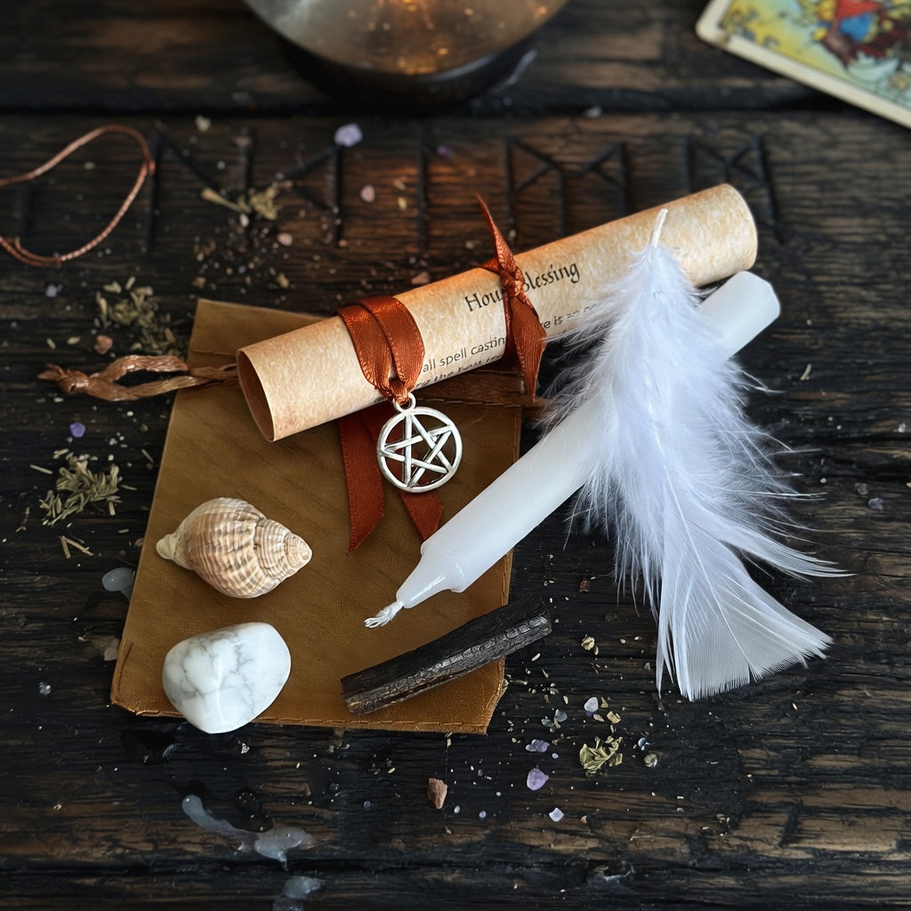 House blessing spell kit with scroll, candle, feather and howlite, on occult carved wood surface