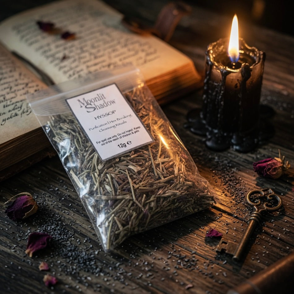 Packaged hyssop spell herbs with a lit candle and key on a wooden surface